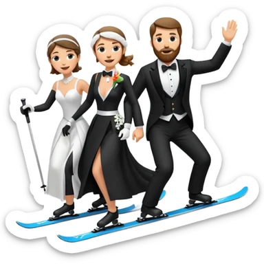 a couple skiing, man with a beard in a tux and woman in a wedding dress on their skiis going down a slope sticker