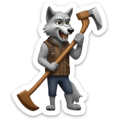 A wolf with an ax in hands swinging it sticker