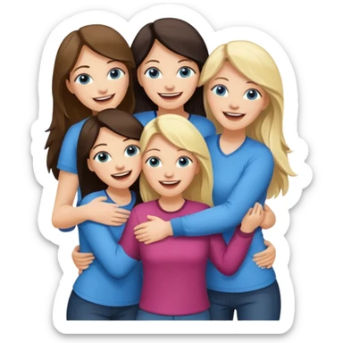 four adult white women laughing and hugging.  Two have long dark brown hair.  Two have blonde hair and blue eyes. sticker