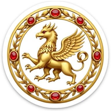 Golden griffin crest / brosch in a circle with red gems and no background sticker