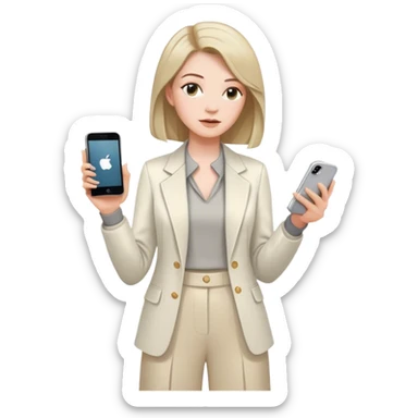 pale skin woman with dark blonde Straightened bob Hair, White Spacious classical jacket, beige palazzo Arrow pants and gray blouse holding white IPhone 14 pro in the hands sticker