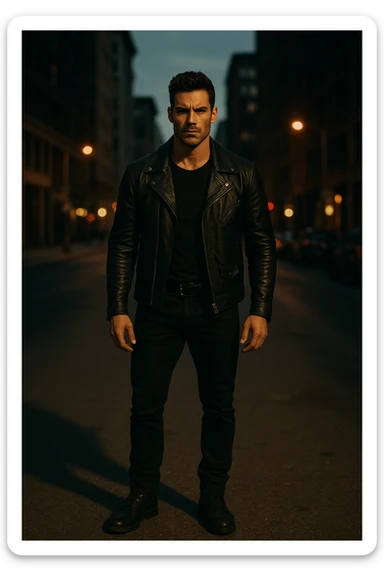 A confident, strong man standing in the middle of a city street at dusk, wearing a black leather jacket and boots, sharp jawline, intense gaze. Radiating masculine energy. Cinematic lighting, moody urban background, dramatic shadows, shallow depth of field. 35mm film style sticker