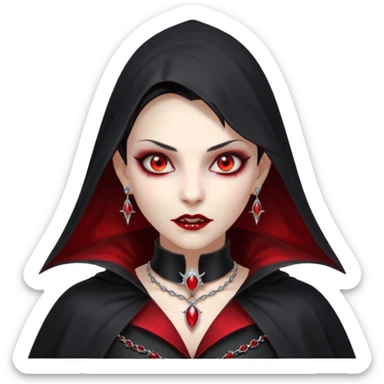 vampire village woman portrait, head and shoulders only, dark gothic cloak collar, sharp fangs, red glowing eyes, elegant yet eerie expression, subtle jewelry, 3D cartoon, mobile game icon style, clean background, no text, no watermark

 sticker