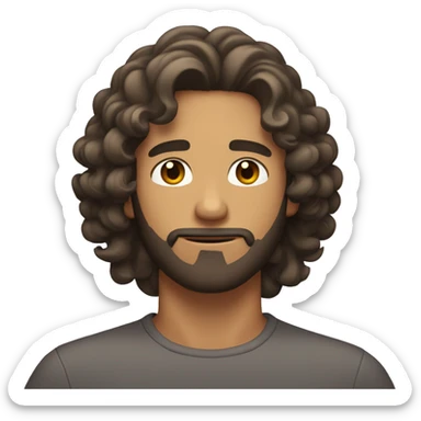 brunette tan man with curly shoulder length hair scratching his beard with one hand  sticker