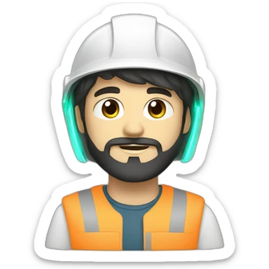 A young electrical engineer with a light black beard, a white helmet and a phosphorescent protection jacket sticker