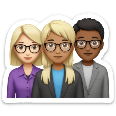 four people. Asian girl, black guy with glasses and dyed blonde hair, indian guy with glasses, asian guy sticker