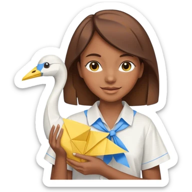happy-african-young-girl-with-brown-hair-in-a-white-vintage-kanga-shirt-holds-an-origami-yellow-and-blue-crane sticker