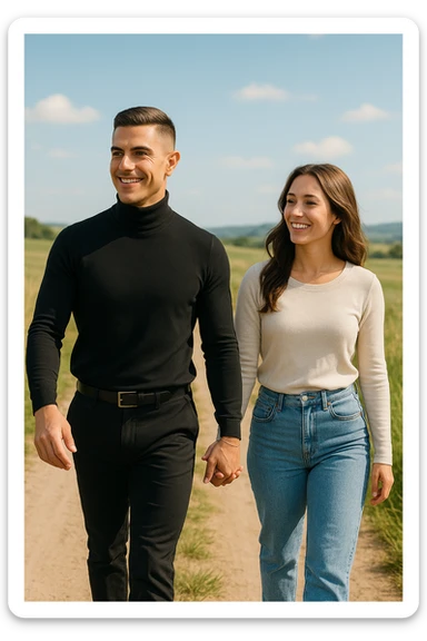 a couple walks together along a path, the man gently leading the way while the woman follows with trust and a smile. Both appear confident and content, symbolizing partnership and mutual respect. The background is a bright, open landscape, evoking a sense of shared journey and harmony. sticker