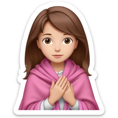 A girl with brown hair, wearing a pink shawl, has beautiful features and her hand rests on the shawl. sticker