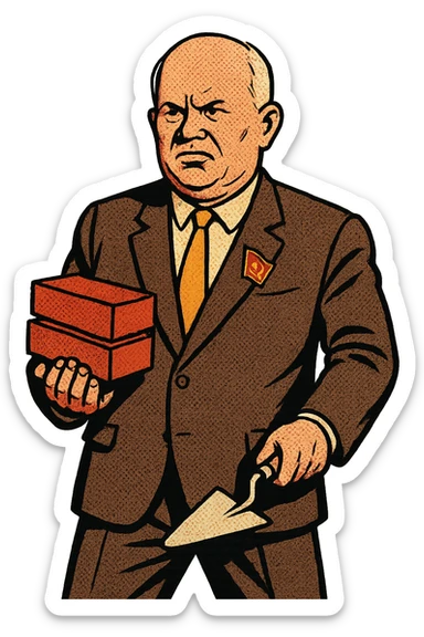 The full body of soviet leader Khrushchev with a communist badge on his suit holding building materials such as bricks and trowels, he is looking determined. sticker