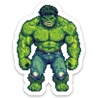 Add a pixel art city background behind Hulk smashing, keep the style consistent with pixel art style. sticker