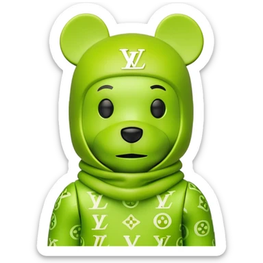 bearbrick toy wearing a lime green balaclava with LV monogram pattern sticker