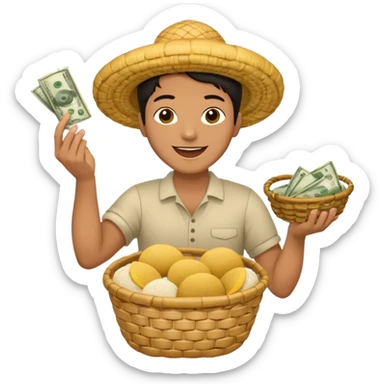 basket overflowing with money, and a very happy person ridiculously throwing money around with one hand and eating a colombian arepa with the other sticker