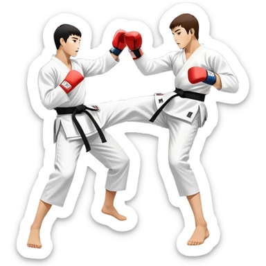 Two taekwondo fighters in traditional white doboks with black belts compete in a dynamic match. One delivers a high kick, while the other blocks using their knee. The background features a professional arena with bright lights and spectators. Transparent background. sticker