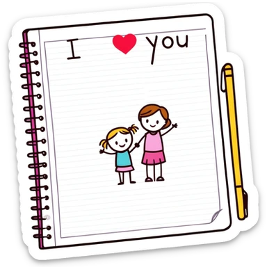 A piece of notebook paper with two girl stick figures drawn on it and a message that reads I love you sticker