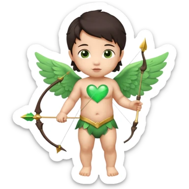 cupid asian baby flying full body with wings with brown eyes and dark hair handled bow and arrow directed to green heart and looking to heart sticker