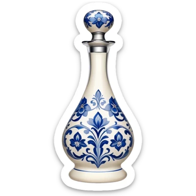 A sleek, tall, and elegant white bottle with intricate blue floral patterns, a curvy hourglass shape, and a reflective silver cap, reminiscent of fine ceramic craftsmanship and luxury tequila sticker