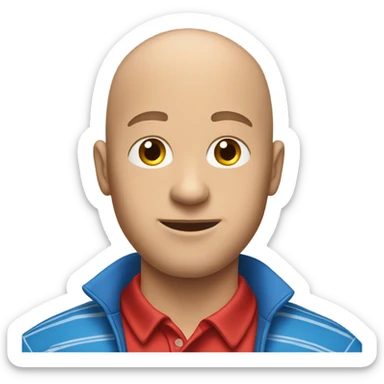 Bald man wearing red polo tee with blue stripes in the middle, with his right hand up and his left hand down sticker