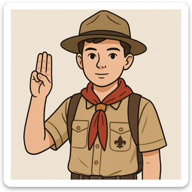 boy scout performing the 3 finger salute, clear and recognizable gesture, simple background sticker