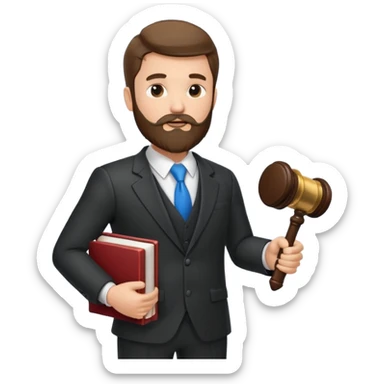 Create a male lawyer. he is wearing a fromal suit jckeret. He is holding a gavel in one hand and a book tucked under his another arm. He has beard  sticker