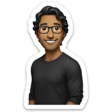 Caramel smiling man, dark brown eyes, black long wavy hair, no facial hair, thin and long nose, round glasses, black t shirt sticker
