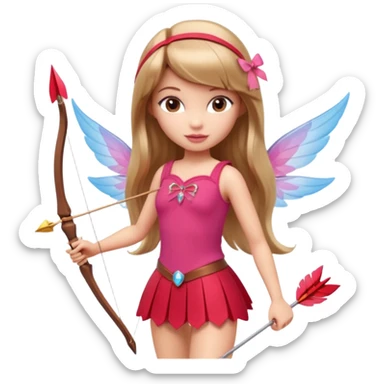 Hada sexy cupido pequeña  de cabello largo lacio castaño claro con flequillo y ojos cafés  vestida de top y falda roja y con arco y flechas cabello lacio labios rosas tipo Barbie pero en hada cupido sticker