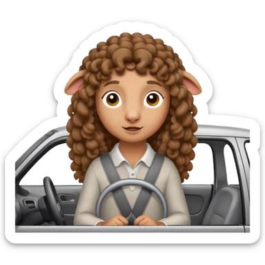 a sheep with long brown curly hair and brown eyes on a grey car sticker