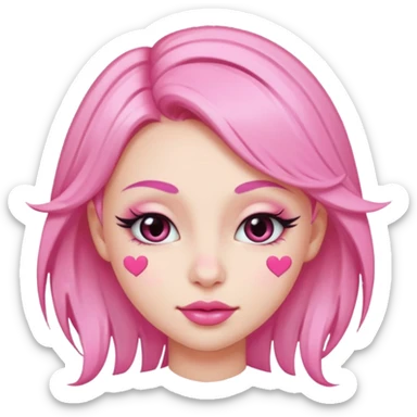 “Emoji girl, pastel pink streaks in hair, bold winged eyeliner, heavy blush on cheeks and nose bridge, under-eye hearts, glossy pink lips, playful smirk.” sticker