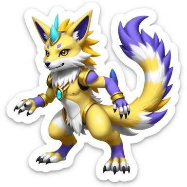 Shiny colorful cool legendary furry WereGarurumon-Renamon-fusion-hybrid-fursona-protogen-creature (full body sticker
