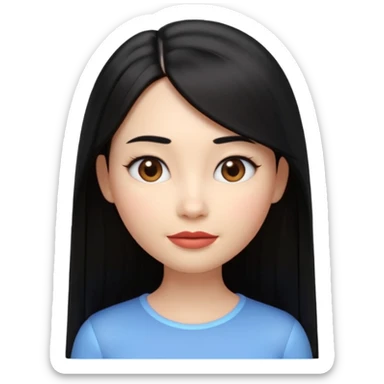 A cute 3D female emoji avatar, smooth skin, long straight black hair, glossy lips, soft lighting, minimal background, beauty branding style, high quality, Pixar style, front view, symmetrical face, clean and elegant sticker