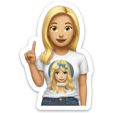 A blonde making the peace sign and wearing a t-shirt with the text "Miss Bourbon" sticker