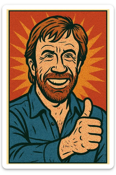caricature style illustration of Chuck Norris giving a thumbs up of approval, exaggerated features, humorous and bold expression sticker