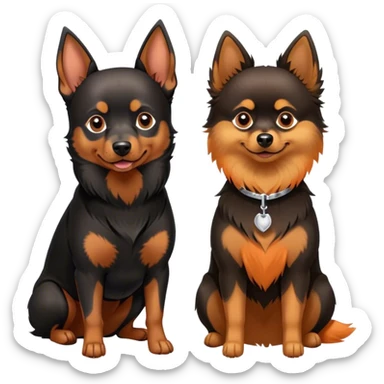 Doberman Pinscher and Pomeranian Spitz standing side by side. The Doberman has a sleek black and tan coat with alert ears, while the Pomeranian has a fluffy orange coat and a joyful expression. Beautiful natural background, with a clear blue sky and green grass. Transparent background. sticker