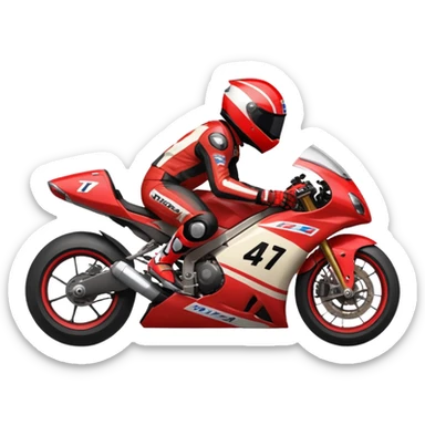An anime style MotoAmerica racer racing his black with red accents motorcycle. His knee is dragging on the ground as the bike leans over and he has a slightly cartoonish larger red and black helmet.  sticker