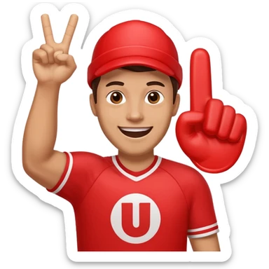 A cheerful man in a team jersey, waving a giant red foam finger high with an excited grin. sticker