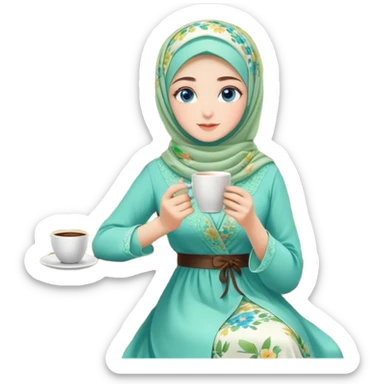 Turkish beautiful finish Konya girls blue eyes with Beautiful light green floral hijab long tail dress and the two friends in a lovely garden sits on the chair on the ground and holds cup coffe with her hand  sticker