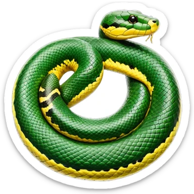 A photo-realistic top-down view of a Green Anaconda tightly coiled in a spiral, with its broad, flat head resting at the center. Its thick, muscular body is olive-green and covered in symmetrical, bold black oval spots that stand out against its smooth scales, creating striking natural camouflage. sticker