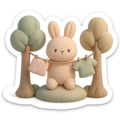 a bunny hanging laundry between trees, calming domestic forest feel, soft pastel colors, cushion style sticker