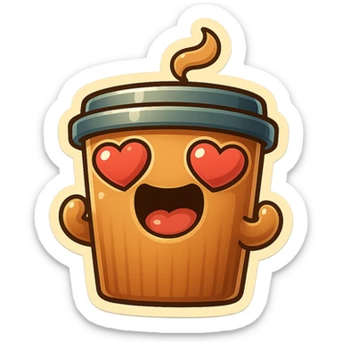 coffee cup creature, big heart eyes, dopey smile sticker