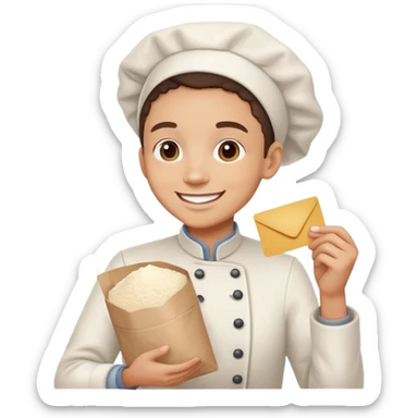 Happy face with card in his hand sniffing flour sticker