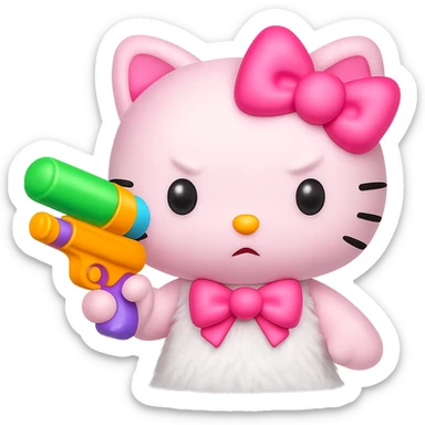 Replace the pistol with a bright water gun, keep the Hello Kitty character in emoji style, no background. sticker