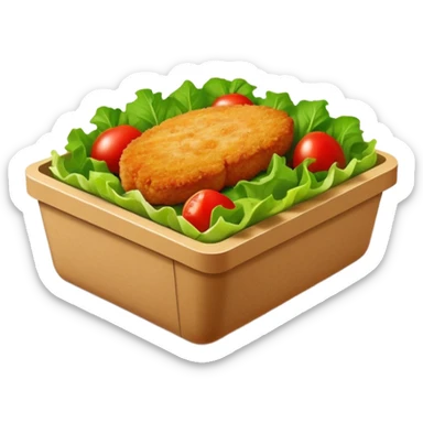 salad in a rectangular brown box container. with a chicken cutlet on top sticker