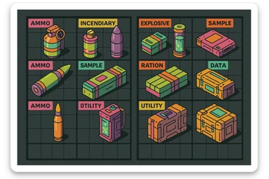 a virtual display, a gray grid with darker gray cells, each cell containing an item viewed in isometric minimalism render The cells have pastel neon colored labels in their upper corner, indicating various traits of the items. retrofuturism, circa 2880's.
The items are scientific and military in nature - varieties of munitions, scientific samples, rations, data storage, utilities. There are two arrays of grids, one left, one right. Each array has a few empty spaces at the bottom. "graphic realism." brutalism. the items are adorned in bright colors, neon-safety, early 90's pallete sticker