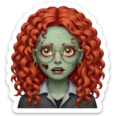 create a zombie with long red curly hair, thick lashes, black square glasses, gold nose piercings on each side of her nose, and a gold eyebrow piercing. sticker