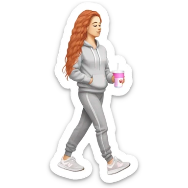 beautiful fair skin red orange long hair white girl light grey sweatpants light grey hoodie Ugg shoes beautiful girly full body walking headphones side profile with a pink straw drink cozy sticker