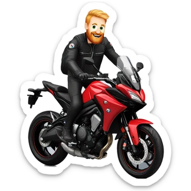 Blonde man with short ginger beard on red Yamaha Tracer 9r in wheelie position sticker