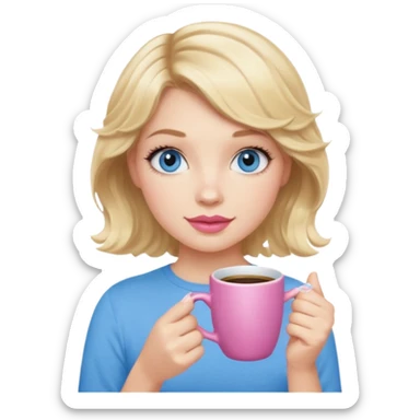 Girl Blonde short wavy hair,  blue eyes, cute blue top, long lashes, pink lips, holding coffee mug sticker