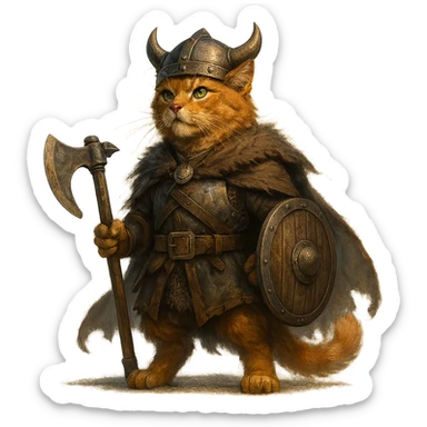 valorous ginger cat Viking, Valhalla, heroic pose, Norse mythology atmosphere sticker