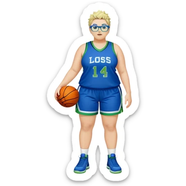 full body white plus size women basketball player with short spiky dark hair with added blond highlights wearing blue glasses wearing green and blue uniform sticker