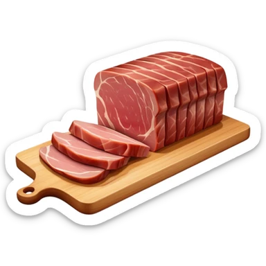 Create an emoji-style illustration of salo (Ukrainian pork fat) in the style of Apple iOS emojis.
The salo should be sliced, slightly glossy, with visible layers of fat and meat. Include a few slices on a wooden cutting board, optionally with garlic or green onion.
Style should match iPhone emoji aesthetics — clean, slightly 3D, soft gradients, no outlines.
Transparent background. High resolution. PNG format. sticker